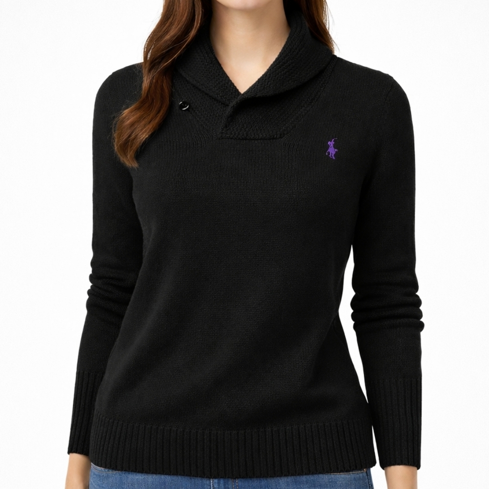 Ralph Lauren Sport Black Shawl Collar Knit Sweater XL Pony Logo